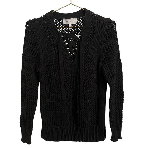 Derek Lam 10 Crosby Open Knit Black Cotton Lace Up V Neck Sweater Size SP - Picture 2 of 7